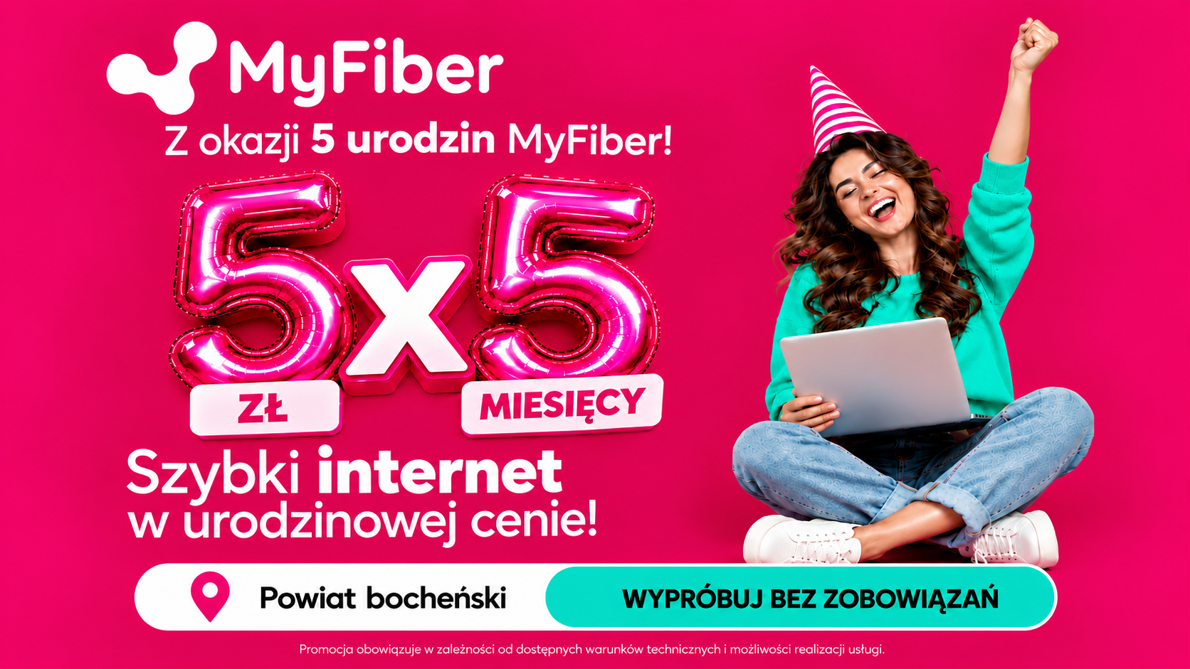 Promocja na 5. urodziny MYFIBER: internet za 5 zł miesięcznie przez pierwsze 5 miesięcy w powiecie bocheńskim.